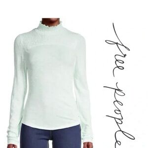 Free People -We The Free- iced aqua Smocked Mock Neck Long Sleeve Top Small NWT